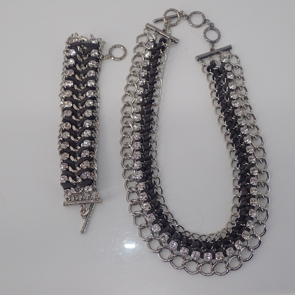 Vtg Black Leather Rhinestone Wide Silver Tone Necklace Bracelet Matching Set - Picture 5 of 12